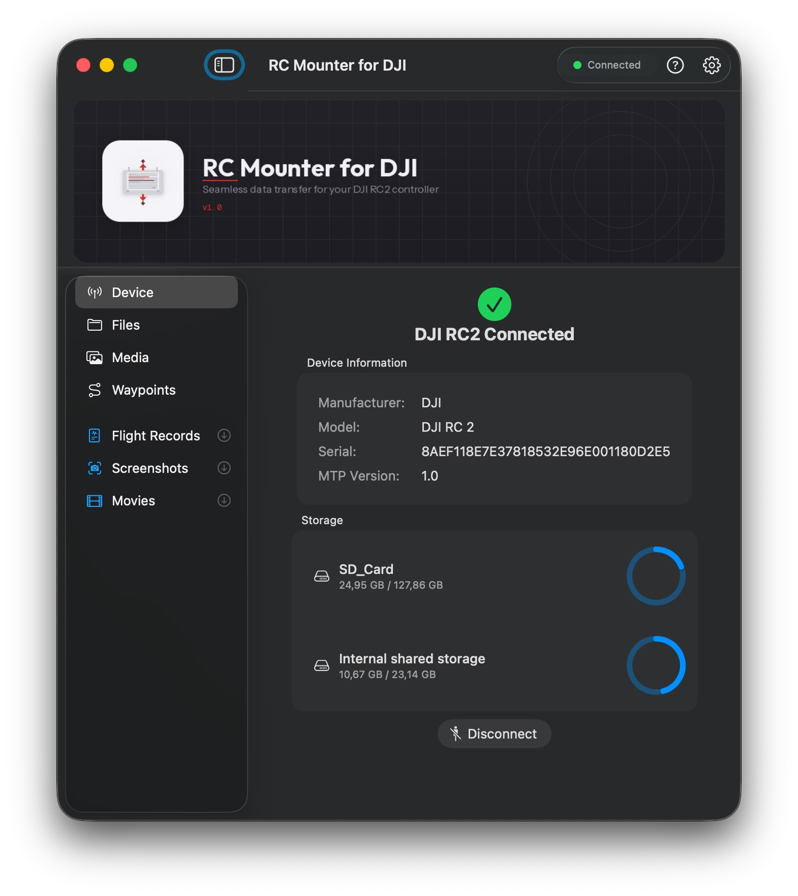 RC Mounter for DJI — Device tab showing DJI RC2 connected via USB with storage information on macOS