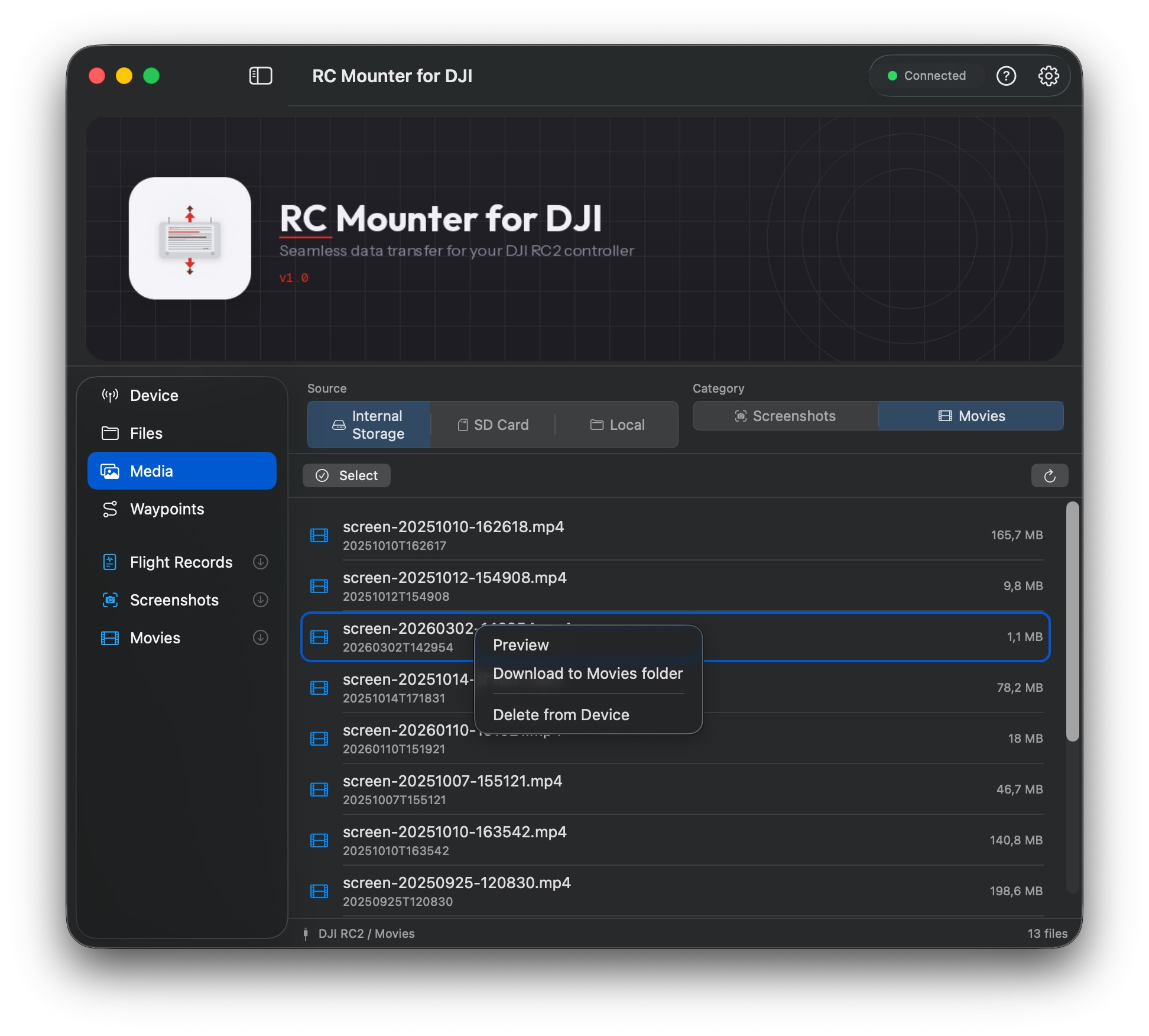 RC Mounter for DJI — Media browser showing DJI RC2 movies with right-click download and delete options