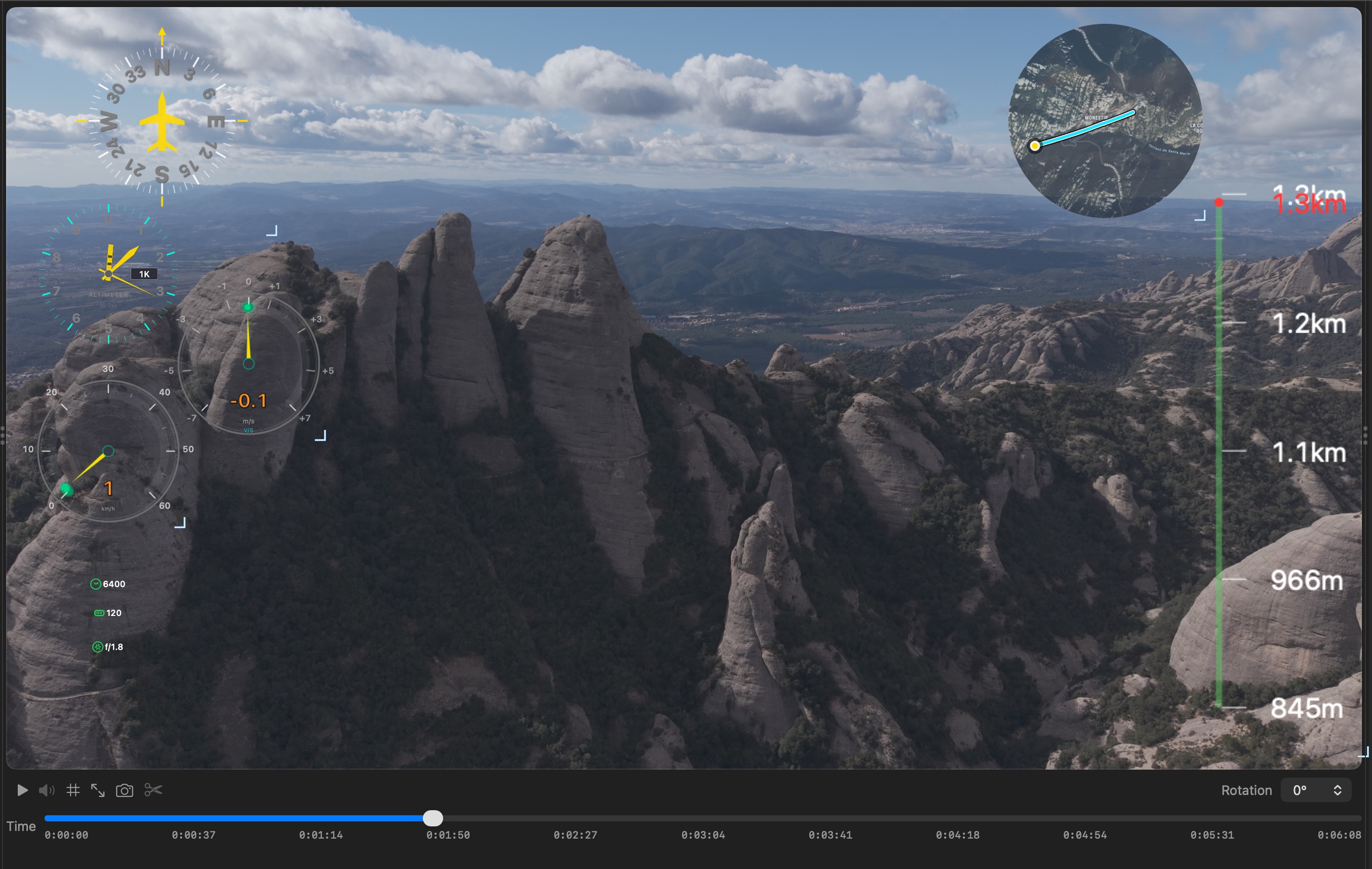 Real-time video preview with telemetry overlays showing mountains