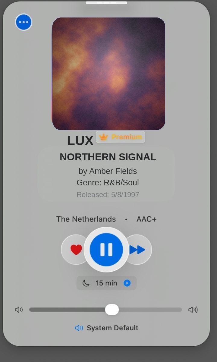 StreamDab on macOS — Now Playing view with playback controls and station metadata