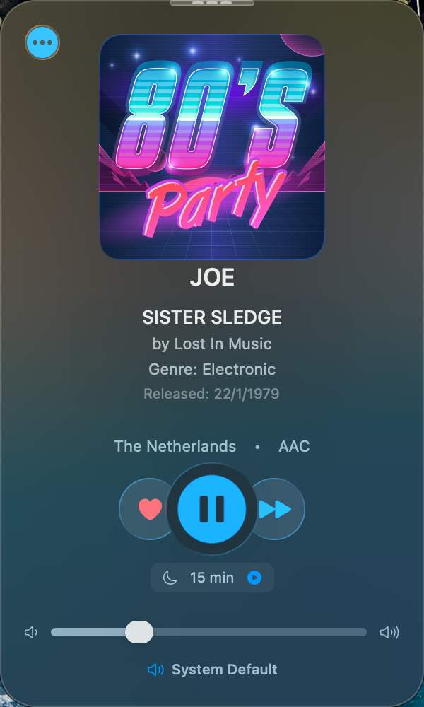 StreamDab macOS app showing Now Playing view with album artwork, playback controls, and station metadata